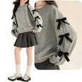 thumbnail image 1 of JIAYUE Girls Sweatshirts Solid Color Stylish Side Bows Long Sleeve Crew Neck Pullover For Kids Holiday Party Performance, 1 of 8