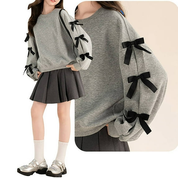 JIAYUE Girls Sweatshirts Solid Color Stylish Side Bows Long Sleeve Crew Neck Pullover For Kids Holiday Party Performance