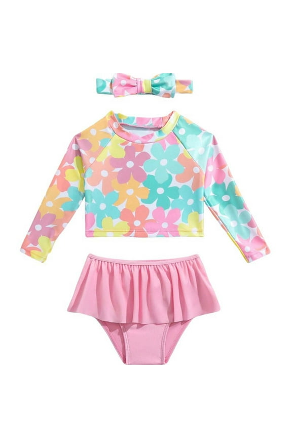 Girls Swimsuit Floral Print Long Sleeve Crewneck Drop Shoulder Two Piece Swimwear Bikini Ruffle Rare Hem Skirt Brief For Little Ones Holiday Swimsuit