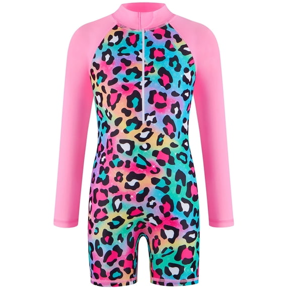JIAYUE Girls Swimsuits Bodysuit Leopard Print Long Sleeve Drop Shoulder Collared Zipper One-Piece Shorts Sunproof For Kids Fashion Pool Swimsuit