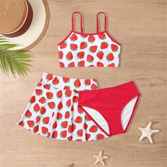 JIAYUE Girls Swimsuits Set Strawberry Sleeveless Spaghetti Straps Collared Adaptable Stretchy Bikinis Swim Skirt 3PCS For Kids Breathable Bathing Suit