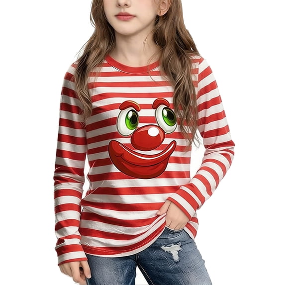 JIAYUE Girls T-Shirts Carnival Long Sleeve Striped Colorful Print Round Neck For Kids Festival Party Celebration Trendy Children Tops