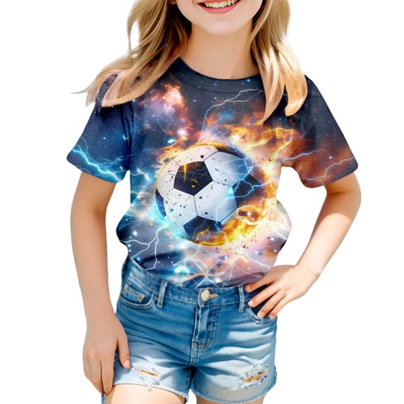 JIAYUE Girls T-Shirts Fashion Casual Short Sleeve With Football Print Round Neck Tee For Kids Leisure Children Tops