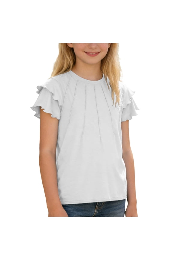 Girls T-Shirts O-Neck Fashion Casual With Ruffle Hem And Pull String Pure Color Short Sleeve Tee For Everyday Wear Lovely Children Tops