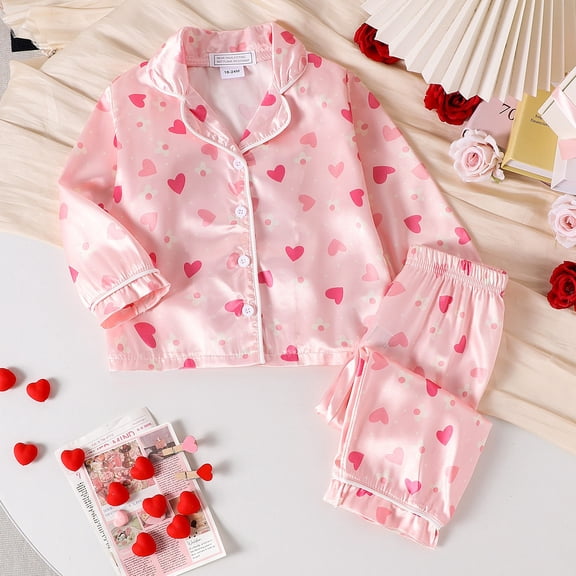 JIAYUE Girls Valentines Day Outfit Sets Heart Print Long Sleeve Pull-On Collared Blouse Slacks For Child Cool Weather Outfits
