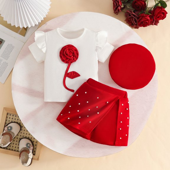 JIAYUE Girls Valentines Day Outfits Sets Floral Short Sleeve Classic Fit Pull-On Crew Neck Tops and Skorts with Hat For Kids Classic Attire Outfit Sets
