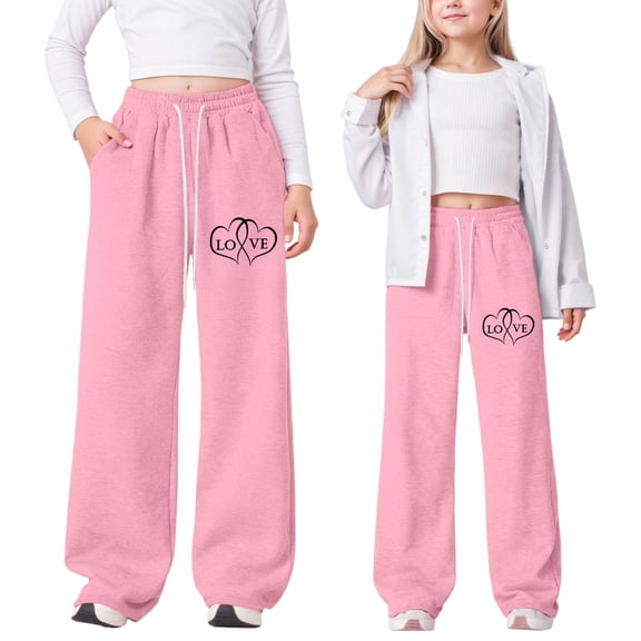 JIAYUE Girls Valentines Day Trousers Heart Print High Waisted Straight-Leg Long with Pockets Girlfriend Pants For Children Casual Slacks