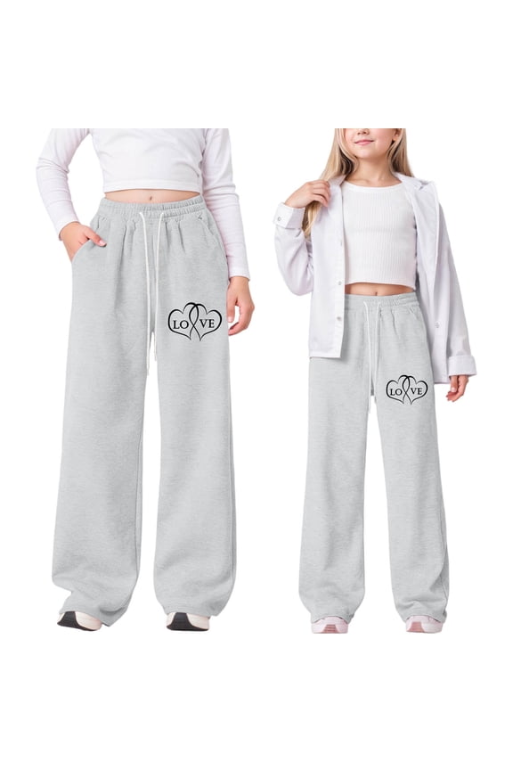 Girls Valentines Day Trousers Heart Print High Waisted Straight-Leg Long with Pockets Girlfriend Pants For Children Casual Slacks