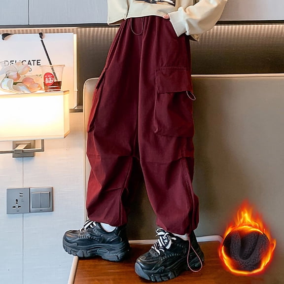 JIAYUE Girls Warm Slacks Solid Color Snug Warmth Straight-Leg Cargo High Waisted For Kids Cool Weather Trousers