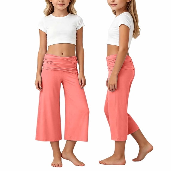 JIAYUE Girls Yoga Pants Calf Length High Waist Pleated Pure Color Wide Leg Loose Casual Capri Trousers Children Trendy Versatile Bottoms
