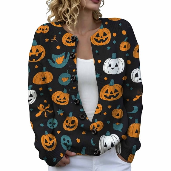 JIAYUE Halloween Cardigan for Women Loose Graphic Print Crew Neck Knit Sweater Long Sleeve Button Front Tops For Casual Holiday
