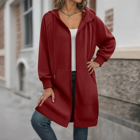 JIAYUE Hooded Jacket For Women Mid Length Loose Fit Solid Color Zip Front Pocket Design For Ladies Casual Comfort