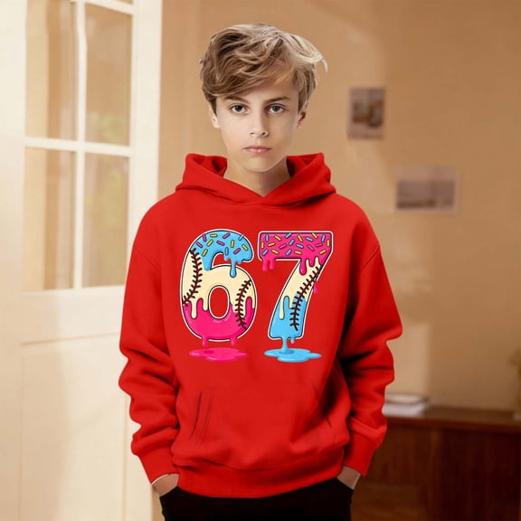 JIAYUE Kids Boys Girls 67 Trendy Hoodie Sweatshirts Long Sleeve Cartoon Print Hooded Snug Warmth Pullover For Child Casual Tops