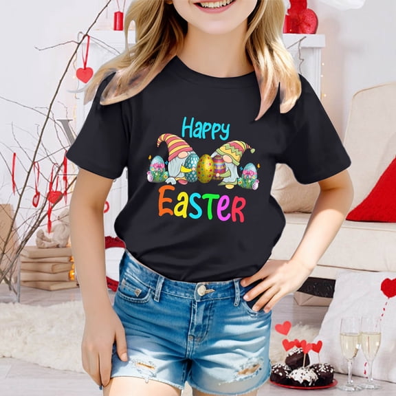 JIAYUE Kids Boys Girls Easter Tops Cartoon Print Short Sleeve Crew Neck Pull-On Classic Fit T Shirts For Children Soft Tops
