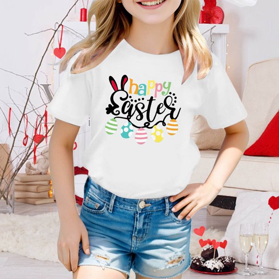 JIAYUE Kids Boys Girls Easter Tops Cartoon Print Short Sleeve Crew Neck Pull-On Lightweight T Shirts For Kids Dailywear Casual Shirts