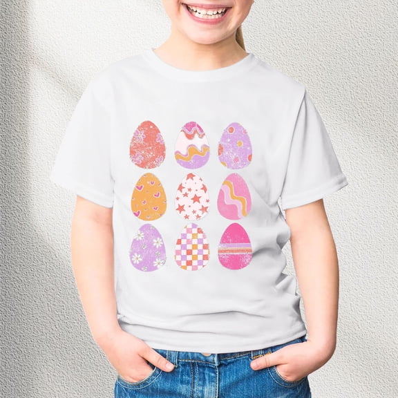 JIAYUE Kids Boys Girls Easter Tops Cartoon Print Short Sleeve Pull-On Crew Neck Classic Fit T Shirts For Child Layering Tees