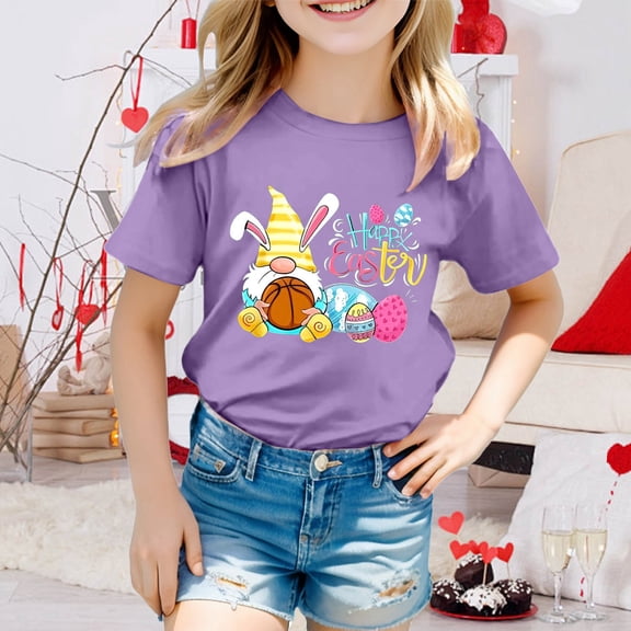 JIAYUE Kids Boys Girls Easter Tops Crew Neck Cartoon Print Short Sleeve Pull-On Lightweight T Shirts For Toddler Casual Tees