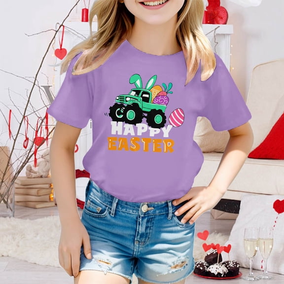 JIAYUE Kids Boys Girls Easter Tops Short Sleeve Cartoon Print Crew Neck Pull-On Classic Fit T Shirts For Child Layering Shirts