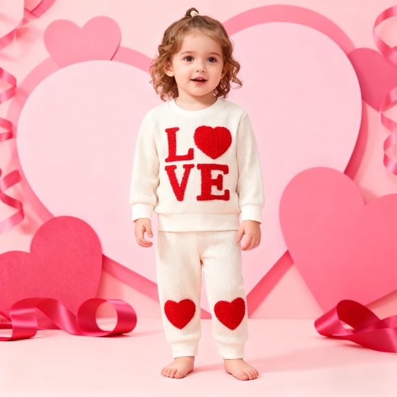 JIAYUE Kids Boys Girls Valentines Day Outfits Sets Cartoon Long Sleeve Relaxed Fit Pull-On Crew Neck Comfy Shirt and Pant For Children Classic Attire Sets