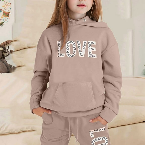 JIAYUE Kids Boys Girls Winter Snug Warmth Soft Sets Letter Print Long Sleeve Hooded Pull-On Shirts with Pants For Youth Cool Weather Outfits