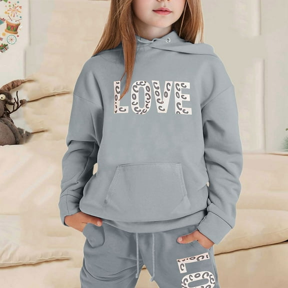 JIAYUE Kids Boys Girls Winter Snug Warmth Soft Sets Letter Print Long Sleeve Hooded Pull-On Shirts with Pants For Youth Cool Weather Outfits