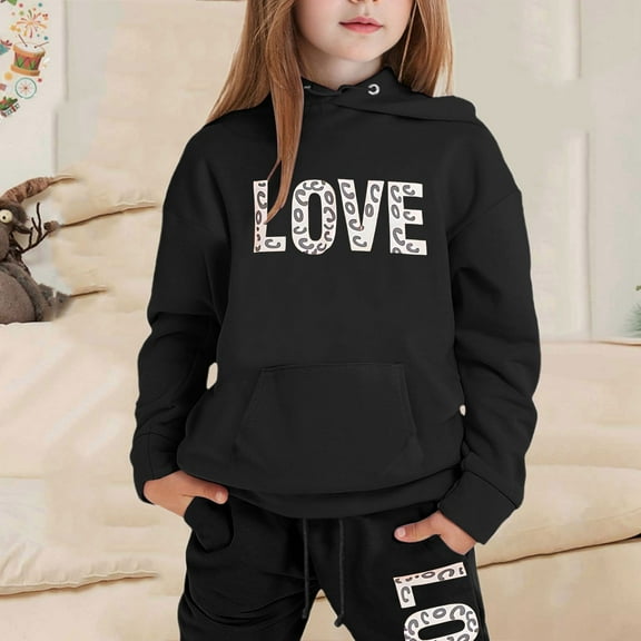 JIAYUE Kids Boys Girls Winter Snug Warmth Soft Sets Letter Print Long Sleeve Hooded Pull-On Shirts with Pants For Youth Cool Weather Outfits