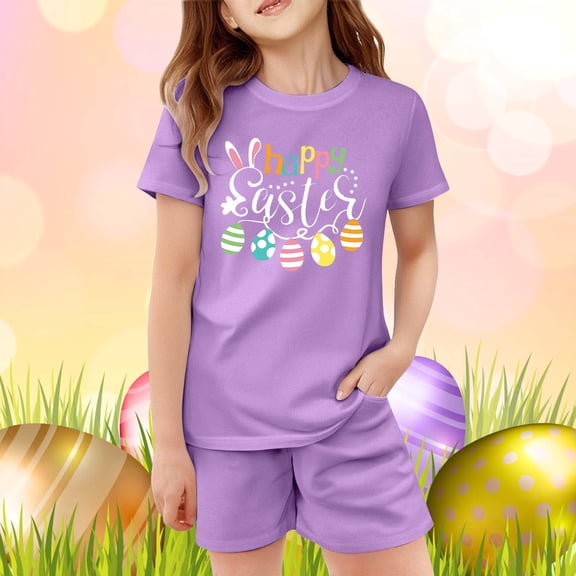 JIAYUE Kids Easter Outfit Sets For Boys Girls Cartoon Print Short Sleeve Crew Neck Pull-On T Shirt Shorts Snug Comfy For Kids Casual Base Layer