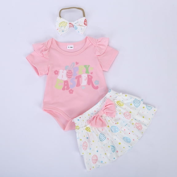 JIAYUE Kids Easter Outfit Sets For Girls Crew Neck Cartoon Print Short Sleeve Snap Romper Skirts with Headband For Child Casual Activities Outfits