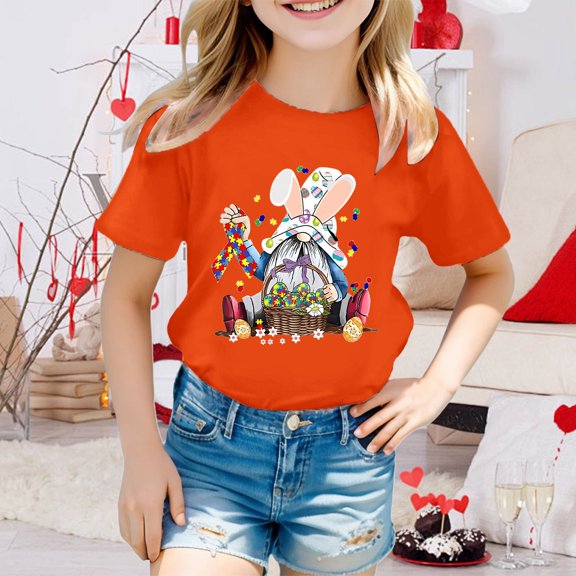 JIAYUE Kids Easter Tops For Boys Girls Cartoon Print Short Sleeve Crew Neck Pull-On Classic Fit T Shirts For Children Holiday Party Charming Tops