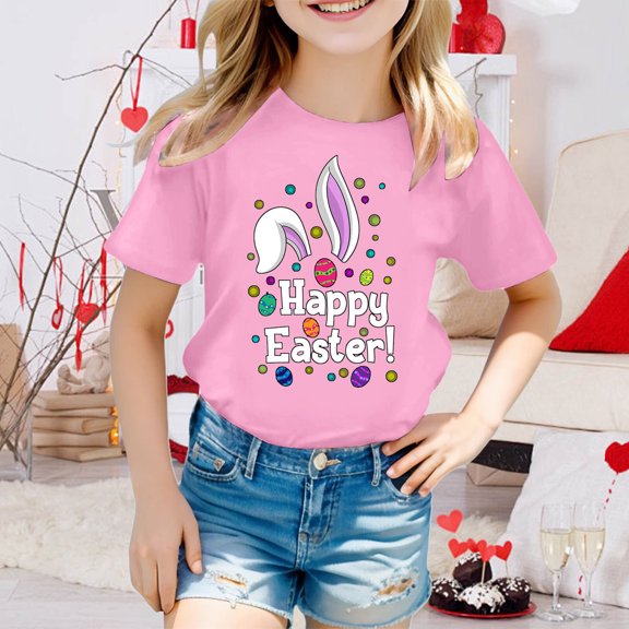 JIAYUE Kids Easter Tops For Boys Girls Cartoon Print Short Sleeve Crew Neck Pull-On Classic Fit T Shirts For Toddler Seasonal Layering