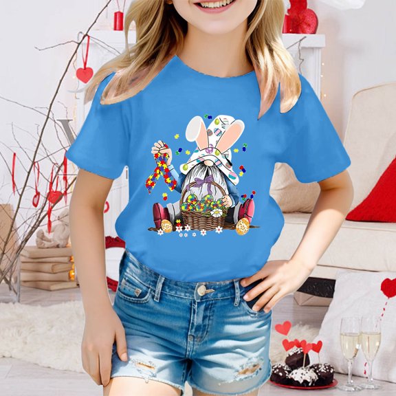 JIAYUE Kids Easter Tops For Boys Girls Cartoon Print Short Sleeve Round Neck Pull-On Classic Fit T Shirts For Children Holiday Charming Party Tops