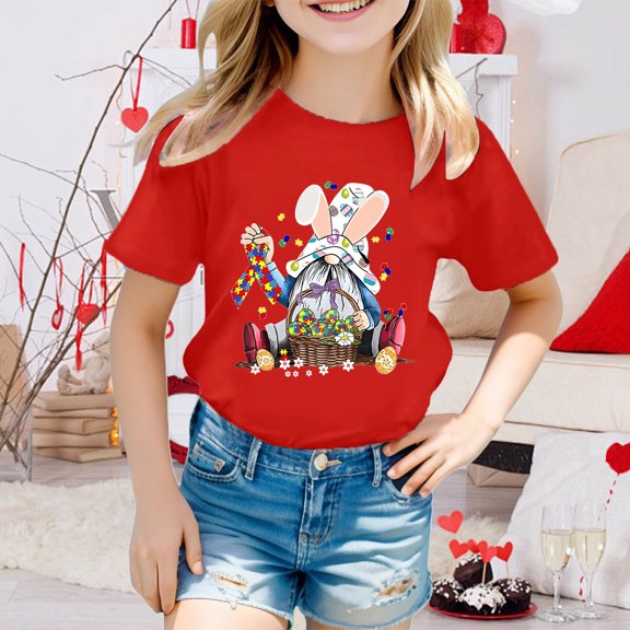 JIAYUE Kids Easter Tops For Boys Girls Cartoon Print Short Sleeve Round Neck Pull-On Classic Fit T Shirts For Children Holiday Party Charming Tees