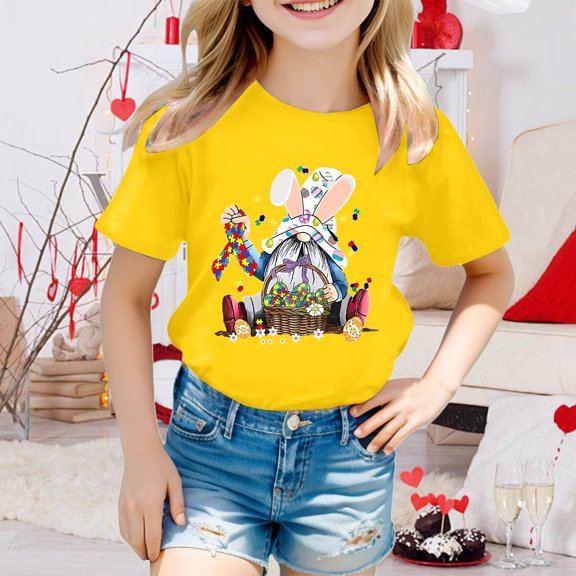 JIAYUE Kids Easter Tops For Boys Girls Cartoon Print Short Sleeve Round Neck Pull-On Classic Fit T Shirts For Children Holiday Party Charming Tees