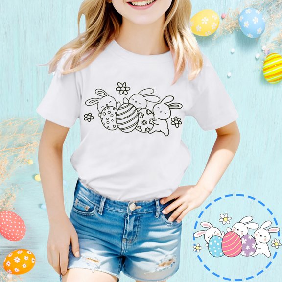 JIAYUE Kids Easter Tops For Boys Girls Short Sleeve Cartoon Print Crew Neck Pull-On Lightweight T Shirts For Children Seasonal Tees