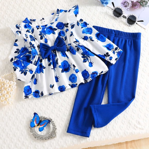 JIAYUE Kids Girls Autumn Outfits Set Butterfly Long Sleeve Crew Neck Pull-On 2PC Stylish Shirt and Pant For Children Cool Weather Breathable Clothing