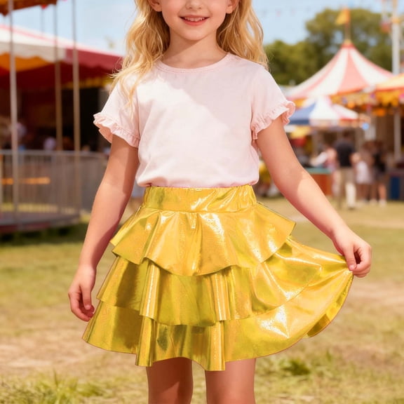 JIAYUE Kids Girls Carnival Skirt Solid Color Tutu Mid-Length Tiered Shiny Skirt For Children 3 To 8 Years Breathable Tutu Skirt