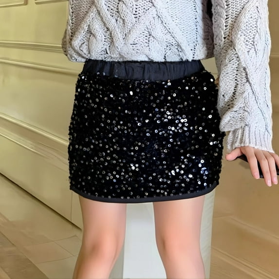 JIAYUE Kids Girls Carnival Skirts Solid Color Mini Sequins Skirts Elastic Waistband For Children Festival Charming Wear