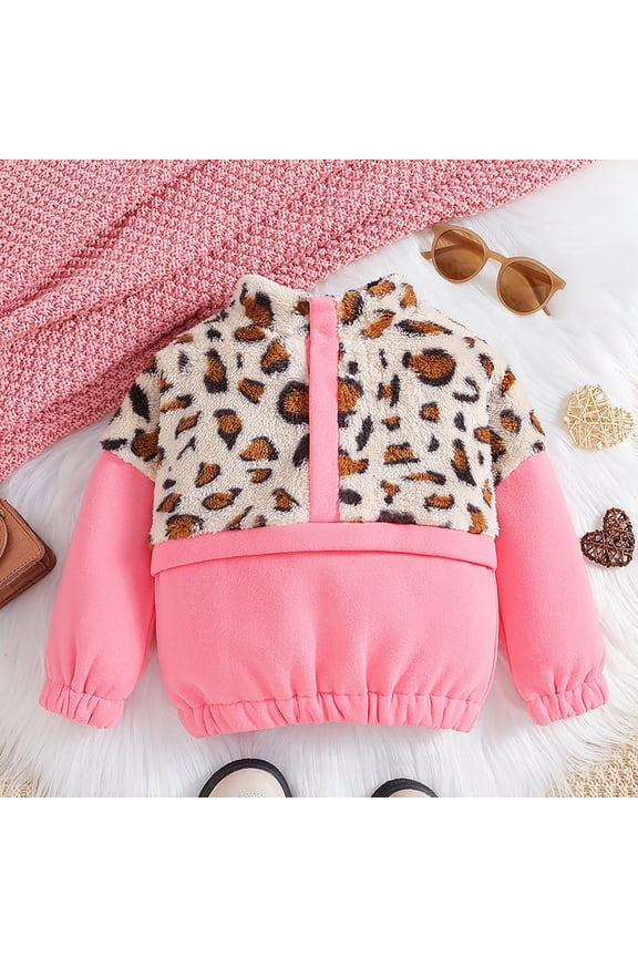 Kids Girls Fall Winter Jacket Coat Tops Leopard Print Long Sleeve Mock Neck Button Snug Warmth Patchwork Cocoon For Children Everyday Soft Tops
