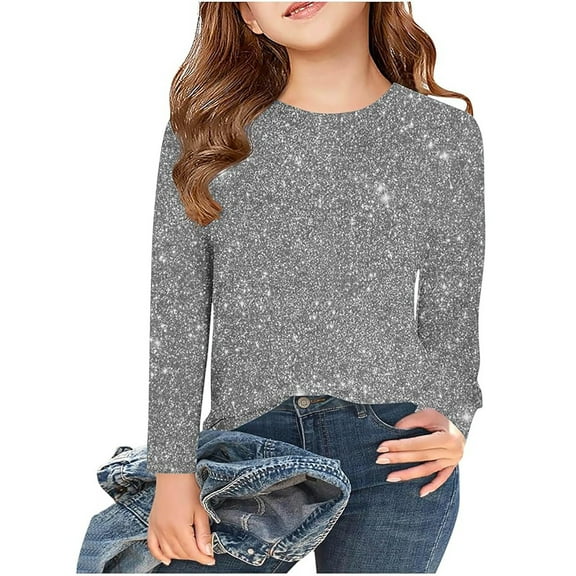 JIAYUE Kids Girls Sequins Solid Color Long Sleeve Round Neck Pull-On Classic Fit T Shirt Tops For Child Stylish Casual Shirts