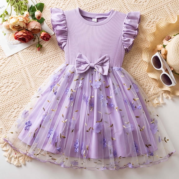 JIAYUE Kids Girls Spring Dresses Floral Sleeveless Crew Neck A-Line Mid Length Embroidered For Toddler Playwear Dress