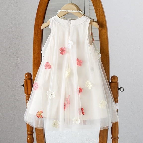 JIAYUE Kids Girls Spring Dresses Floral Sleeveless Crew Neck Sundress Mid Length Mesh For Child Casual Party Celebration