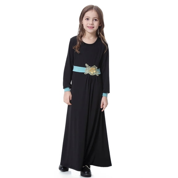 JIAYUE Kids Girls Spring Dresses Solid Color Long Sleeve Drop Shoulder Crew Neck A-Line Long Robe For Toddler Playwear Dress