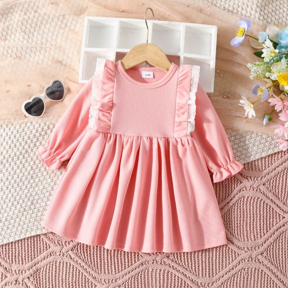 JIAYUE Kids Girls Spring Dresses Solid Color Long Sleeve Drop Shoulder Crew Neck Mid Length Snug Warmth Layering A-Line For Kids Charming Adaptable Playwear