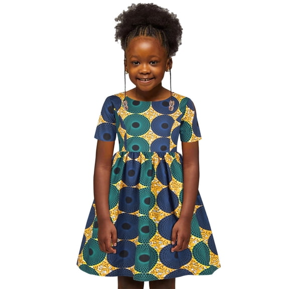JIAYUE Kids Girls Spring Summer Dresses Full Print Short Sleeve Drop Shoulder Crew Neck Mid Length Embroidered Sundress For Child Breathable Fashionable Matching