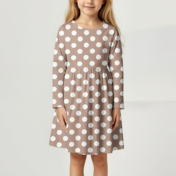 JIAYUE Kids Girls Spring Summer Dresses Long Sleeve Polka Dots Drop Shoulder Crew Neck Popover Mid Length Simple For Toddler Playwear Dress