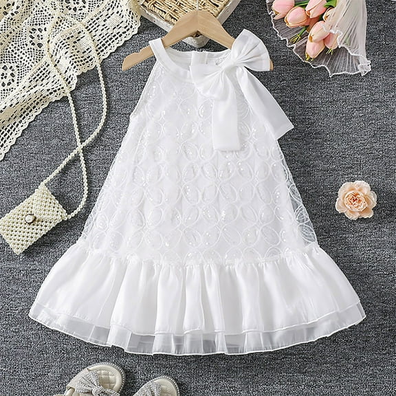 JIAYUE Kids Girls Spring Summer Dresses Solid Color Sleeveless Crew Neck A-Line Mid Length Lace with Bow For Child Seasonal Party Celebration