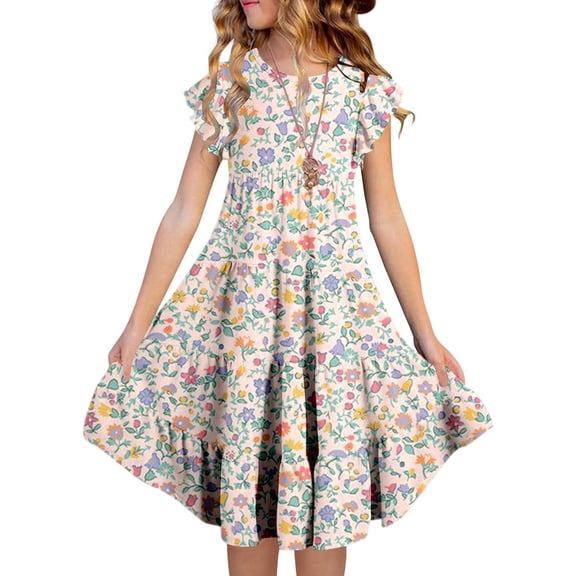 JIAYUE Kids Girls Summer Dresses Floral Short Sleeve Drop Shoulder Crew Neck Peasant Mid Length Comfy Soft For Child Breathable Playwear