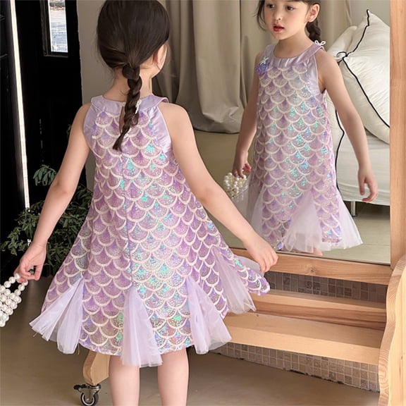 JIAYUE Kids Girls Summer Dresses Sequins Sleeveless Crew Neck A-Line Mid Length Mesh For Toddler Party Dress