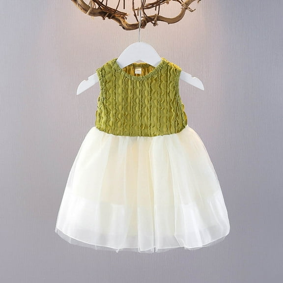 JIAYUE Kids Girls Summer Dresses Solid Color Sleeveless Crew Neck Mid Length Puff Mesh Tank For Children Casual Dailywear