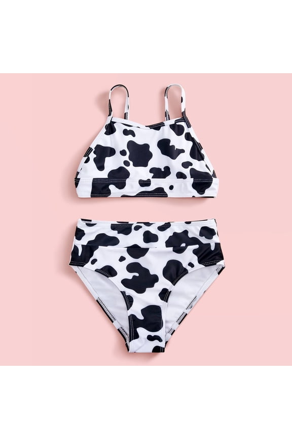 Kids Girls Swimsuit Set Printed Sleeveless Spaghetti Straps Bikini Pull-On Crew Neck 2PCS For Children Adorable Toddler Swimwear